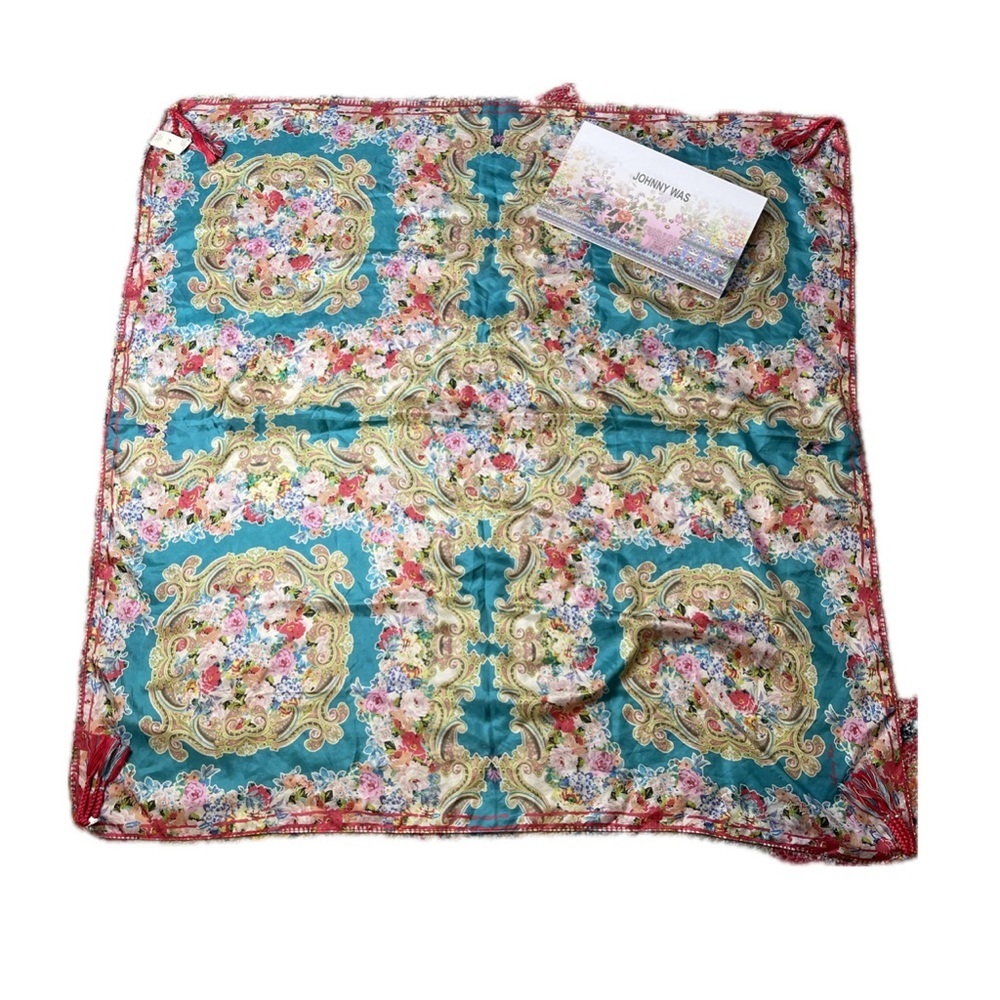 Johnny Was Teal Floral Silk Scarf with Red Trim